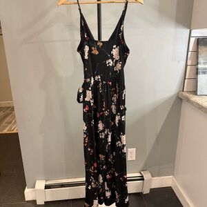 Kaileigh Black Floral Spaghetti Strap Jumpsuit with Pink & Rust Accents